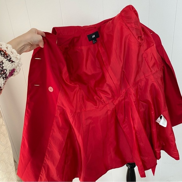 H&M Trench Coat Womens Sz 4 Cherry Red Double Breasted Jacket Tie Waist Flared - Picture 13 of 16